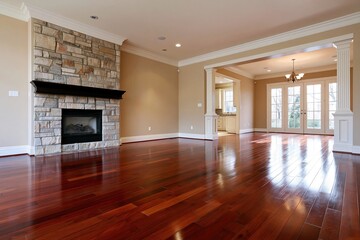 Naklejka premium The Expansive Living Room with Stone Fireplace and Rich Hardwood Floors