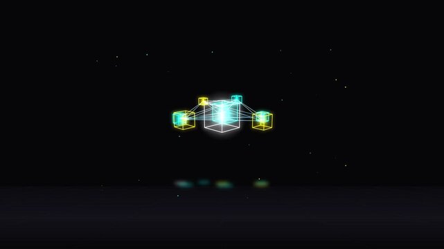 Futuristic Digital Hologram of an Abstract Data Structure with Glowing Geometric Cubes in a Dark Cyber Space Environment