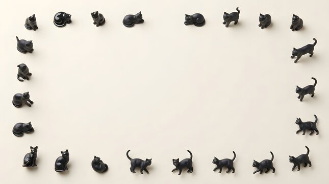 Multiple black cats arranged in a rectangular frame on a neutral beige background creating a playful border
