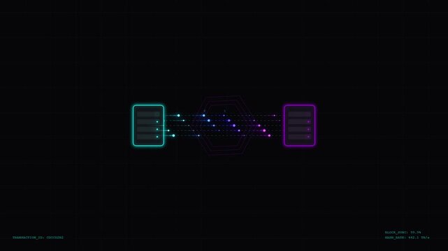 Digital Data Synchronization Transfer Illustration Showing Two Servers Connected by Flowing Information Packets on a Dark Background