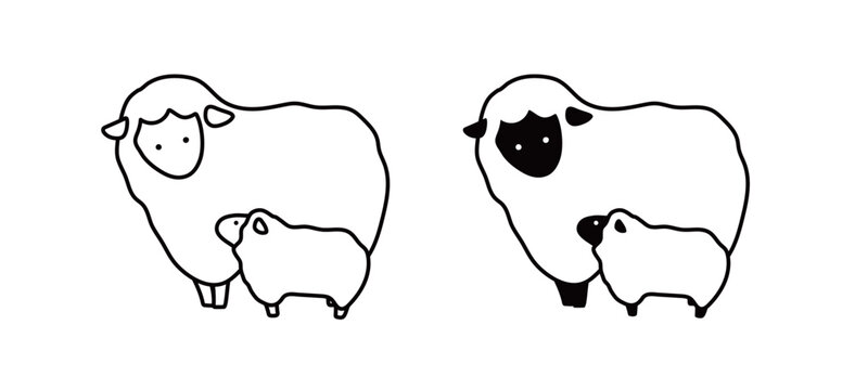 羊の親子のシンプルな線画イラスト　ひつじ　ヒツジ　未年　羊年　年賀素材　年賀状　素材