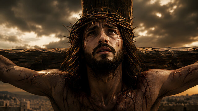 Jesus christ crucified on the cross under a dramatic stormy sky, looking up in agony, cinematic religious scene representing sacrifice and redemption