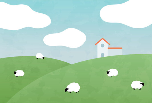 牧場の丘で草を食べる羊の群れのイラスト　ひつじ　青空　自然　背景　さわやか　はがき　水彩風