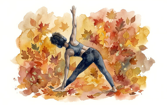 Watercolor woman in triangle yoga pose with headphones