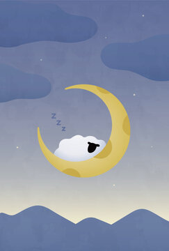 月の上で眠る羊のイラスト　ひつじ　ヒツジ　睡眠　寝る　夜　夜空　夜明け　星　かわいい　三日月　未年