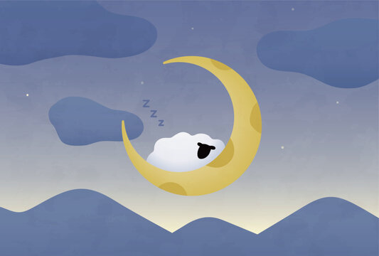 月の上で眠る羊のイラスト　ひつじ　ヒツジ　睡眠　寝る　夜　夜空　夜明け　星　かわいい　三日月　未年
