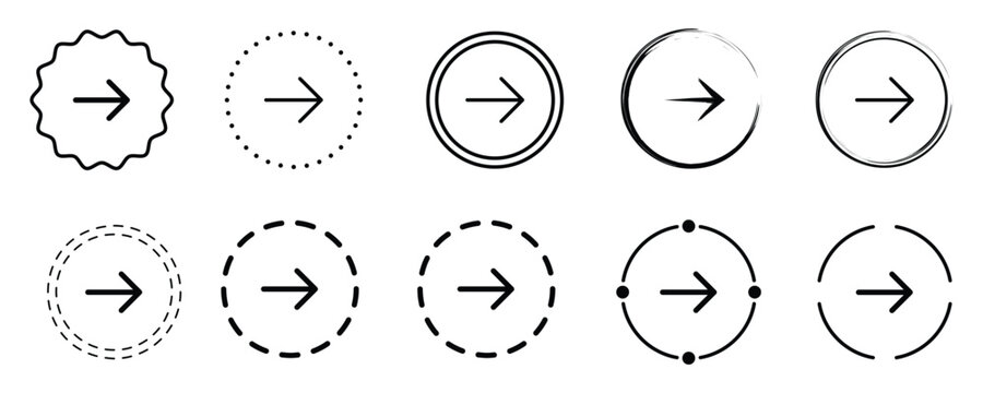Set of Black Right Arrow Icons in Circular Frames. Modern Right Arrow Outline Icon Collection.