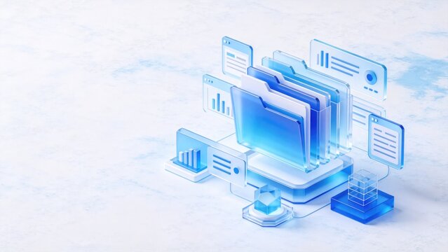 Futuristic digital document management system with organized folders and analytics panels, idea for data organization, business workflow, file storage and information management