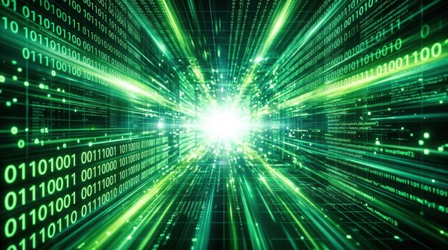 Digital data connection background with glowing green binary code patterns.