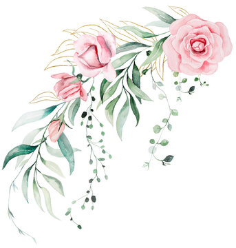 Floral bouquet with watercolor pink roses and green leaves, illustration for wedding stationery
