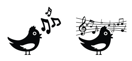 Fototapeta premium Musical notes stave and bird symbol. Singing birds, one with a simple tune, one with an elaborate melody. For staff and music key note theme. Musical merriment