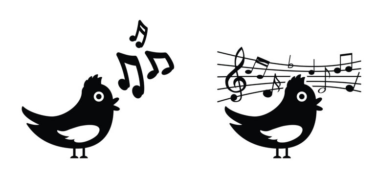 Musical notes stave and bird symbol. Singing birds, one with a simple tune, one with an elaborate melody. For staff and music key note theme. Musical merriment