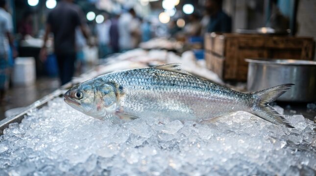 Fresh hilsa fish on crushed ice at a bustling seafood market