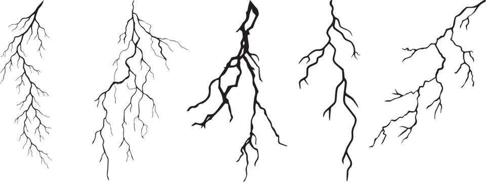 Lightning bolt vector set, black electric strike silhouettes, thunderbolt flash icons for weather and power design