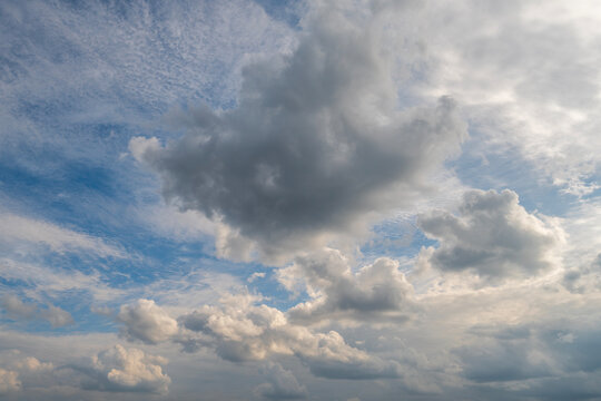 Beautiful scenic view of blue sky with white cumulus and cirrus clouds at daytime