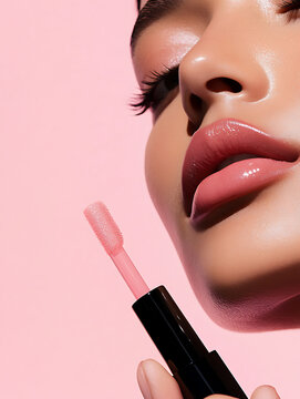 Close up of a woman's lips with glossy pink lip gloss and applicator