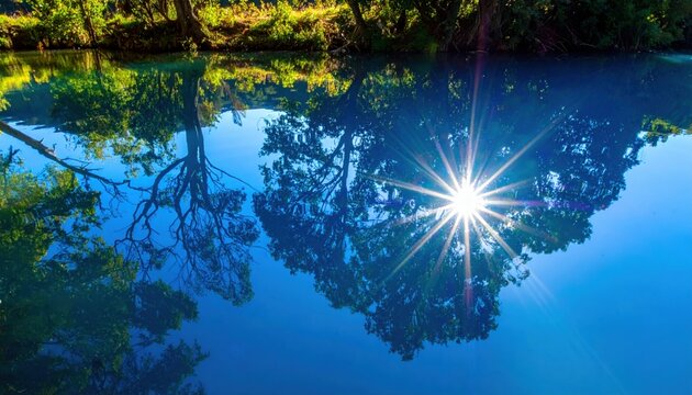 Brilliant sun flare reflecting on rippling water surface surrounded by lush green trees