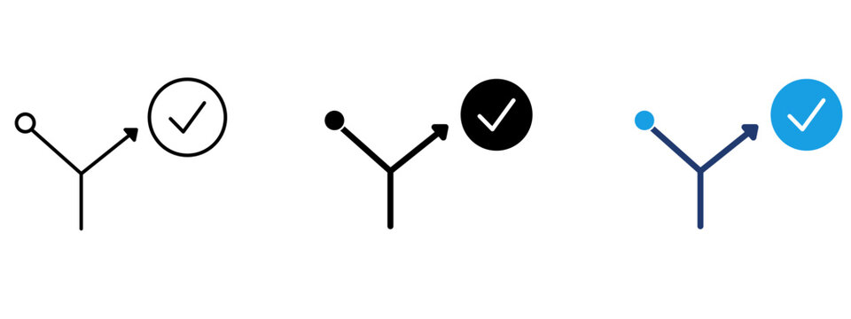 Git branch check mark icon set. Symbol of code merge success, pull request approval, version control, path selection, correct direction, verified workflow, decision node, and UI element.