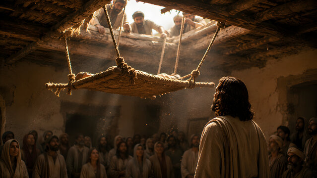 Cinematic depiction of jesus christ watching a man being lowered on a woven mat through a hole in the roof, surrounded by a crowd in an ancient home