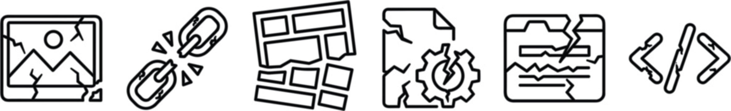 Set of broken web and digital technology icons representing errors and technical issues