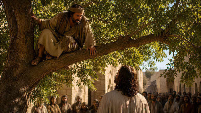 Jesus christ standing under a tree looking up at zacchaeus the tax collector sitting in the branches, crowd watching in an ancient village setting
