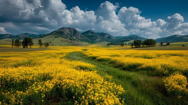 Vast yellow rapeseed flower field stretching towards distant green mountains under dramatic cloudy sky.