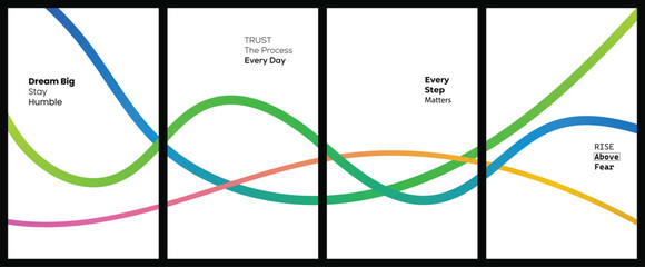 Naklejka premium Minimalist colorful continuous line art set across four connected panels with modern inspirational creative typography design