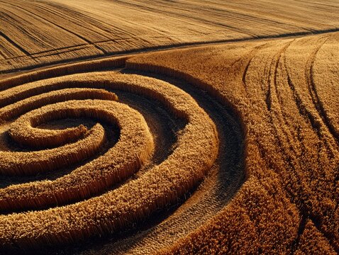 Aerial view of a spiral crop circle in a golden wheat field