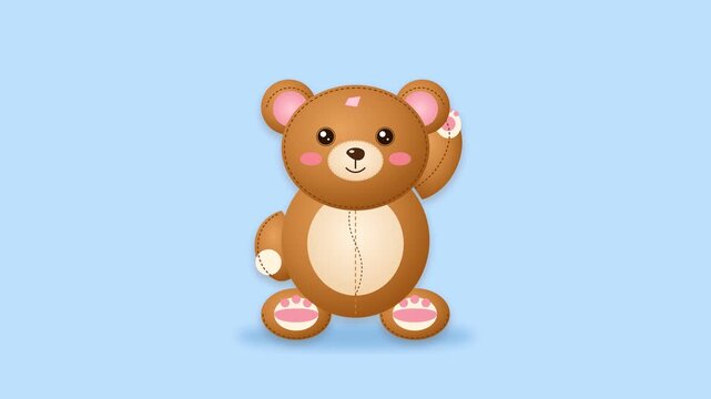 Cute cartoon teddy bears waving on blue background
