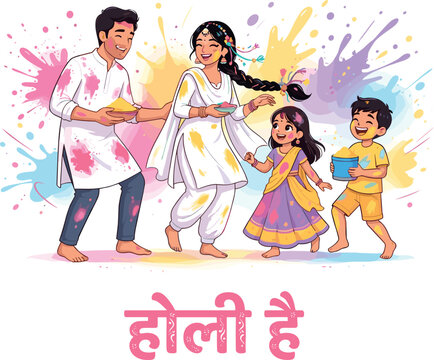 Happy Holi Festival Illustration with Indian Family Playing Colors and Hindi Holi Hai Typography Banner