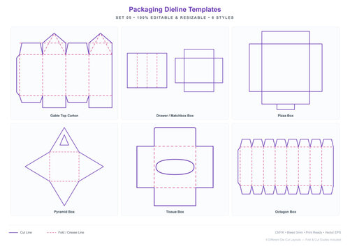 Set of 6 packaging box die cut templates - editable dieline mockup with gable top carton, drawer / matchbox box, pizza box, pyramid box, tissue box, octagon box, vector cardboard packaging layout with
