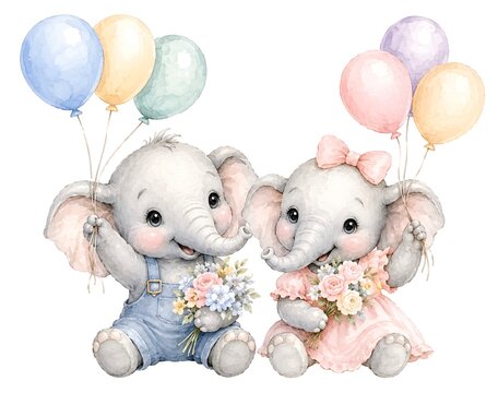 two baby elephants with balloons