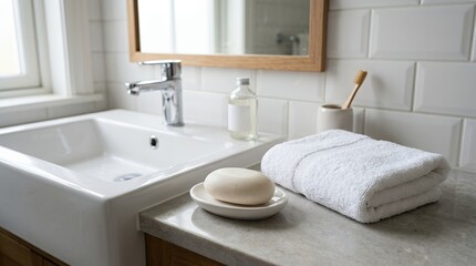 Fototapeta premium Clean modern bathroom sink with towel and soap.