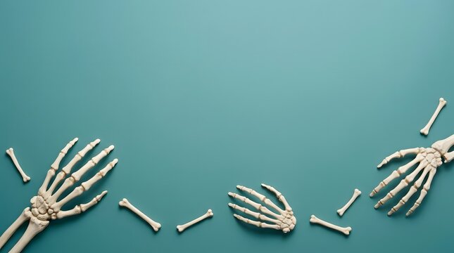 Anatomical study of human skeletal hands and bones arranged on a teal background for medical research