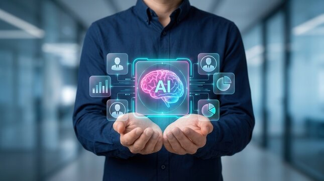 AI-powered HR evaluation system featuring artificial intelligence icons and data charts.