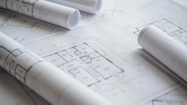 Rolled architectural blueprints and house floor plans on a table