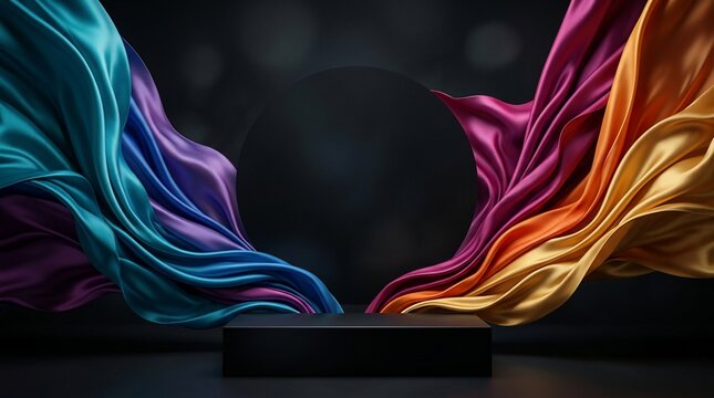 Abstract flowing fabric with podium against dark background and bokeh lights