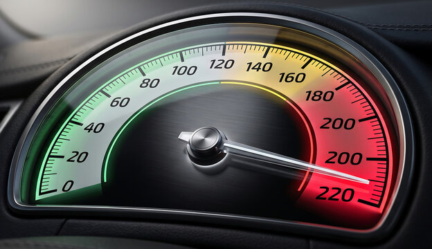 Modern digital car dashboard speedometer showing high velocity with illuminated indicator