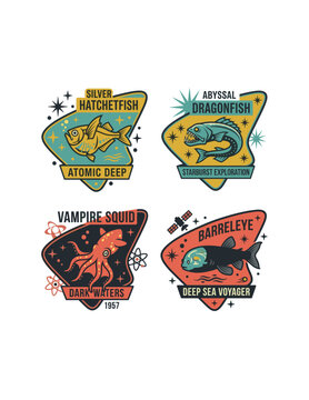 Vintage retro atomic deep sea creatures badge set featuring silver hatchetfish abyssal dragonfish vampire squid and barreleye illustration.