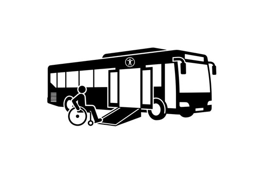 Bus with wheelchair ramp and passenger silhouette represents accessible public transportation options vehicle transit