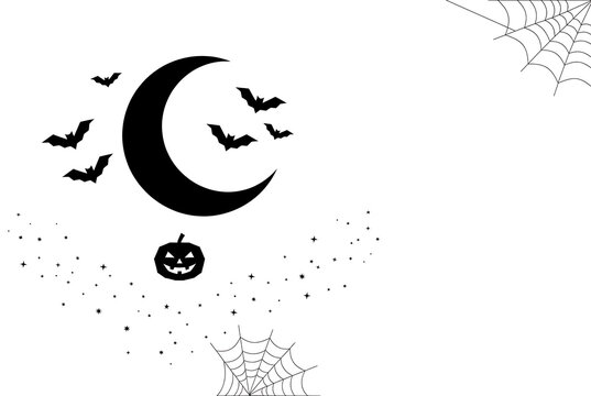 A crescent moon illustration with bats pumpkin and spiderwebs creates a spooky Halloween scene