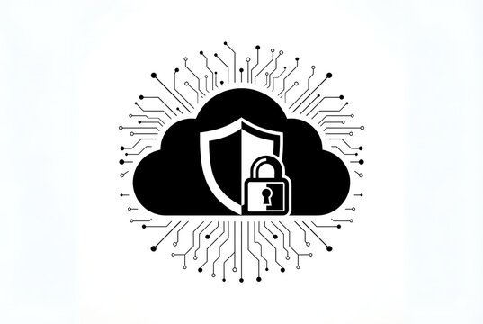 Cloud security with padlock and circuit board design features a black silhouette on white