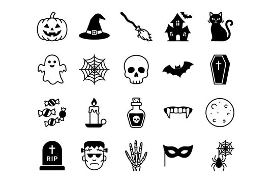 Collection of Halloween icons depicts spooky symbols and elements in a flat style scary