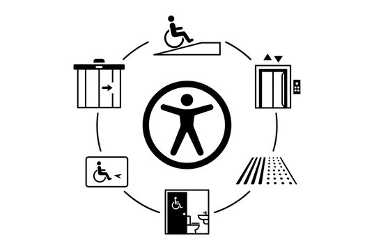 Accessibility pictogram featuring a person in a wheelchair elevator and door symbols on a white background