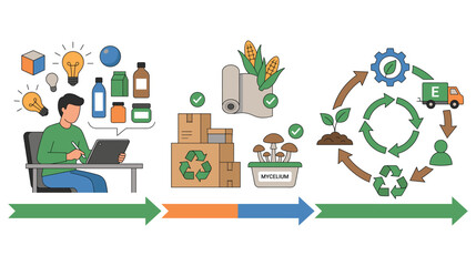 Fototapeta premium Sustainable product design process timeline with mycelium and recycling icons for industry.