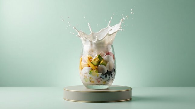 Fresh fruit cocktail splash liquid pouring into glass dessert