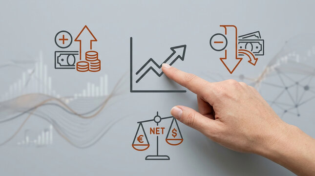 Businessman Hand Pointing at Financial Growth Chart and Economic Icons Representing Net Profit, Currency Exchange, and Market Trends for Success