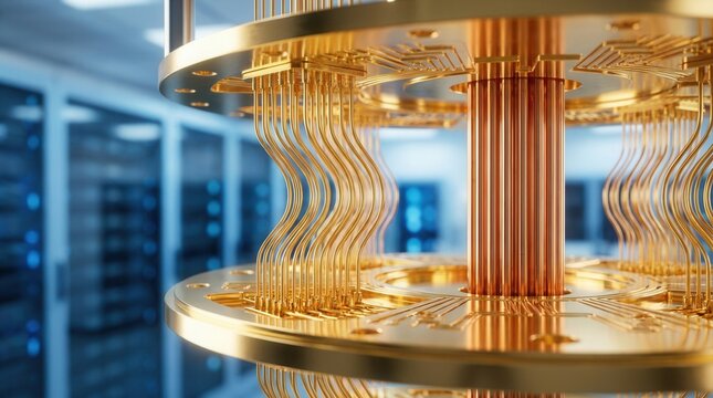 Advanced golden quantum computer machine in a high-tech laboratory setting.