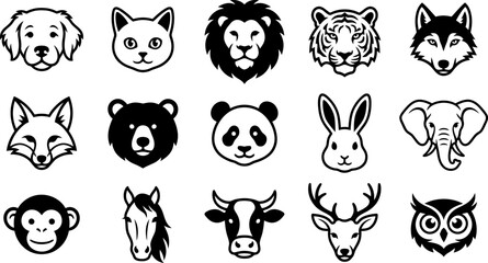 Fototapeta premium A collection of black and white animal head icons featuring various wild and domestic species in a simple style
