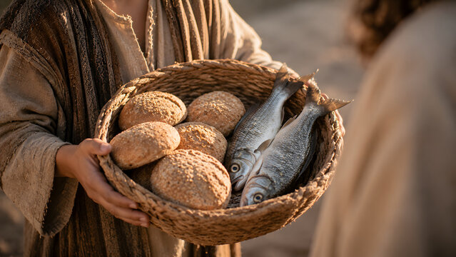 Person holding a woven basket containing loaves of bread and two fish, representing a biblical miracle in a rustic, historical setting